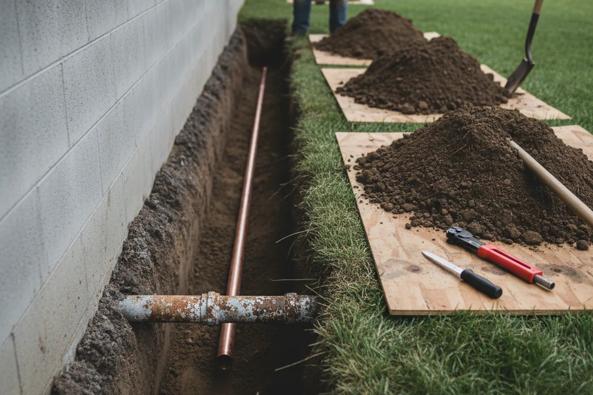 Excavated water line trench during Water Softener Installation in Mapleton